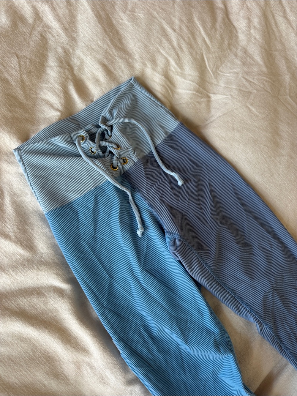 LoveShackFancy Two-Tone Ribbed Lace-Up Leggings in Light Blue & Blue